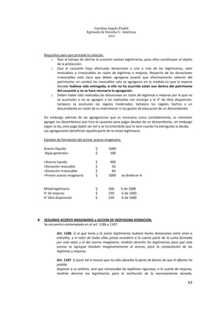 Carolina Angulo Pradel.
Egresada de Derecho U. Américas.
2011
63
Requisitos para que proceda la colación.
o Que al tiempo de abrirse la sucesión existan legitimarios, pues ellos constituyen el objeto
de la protección.
o Que el causante haya efectuado donaciones a uno o más de los legitimarios, sean
revocables o irrevocables en razón de legítimas o mejoras. Respecto de las donaciones
irrevocables está claro que deben agregarse puesto que efectivamente salieron del
patrimonio; en cambio las revocables solo se agregaran en la medida en que la especie
donada hubiese sido entregada, si ello no ha ocurrido están aun dentro del patrimonio
del causante y no se hace necesaria la agregación.
o Deben haber sido realizadas las donaciones en razón de legitimas o mejoras por lo que no
se acumulan o no se agregan a las realizadas con encargo a la 4° de libre disposición,
tampoco se acumulan los regalos moderados; tampoco los regalos hechos a un
descendiente en razón de su matrimonio ni los gastos de educación de un descendiente.
Sin embargo además de las agregaciones que es necesario suma contablemente, es menester
agregar los desembolsos que hizo el causante para pagar deudas de un descendiente, sin embargo
según la ley, este pago debió ser útil y se ha entendido que lo será cuando ha extinguido la deuda.
Las agregaciones benefician aquella parte de la mitad legitimaria.
Ejemplo de formación del primer acervo imaginario.
Acervo ilíquido $ 1000
-Bajas generales $ 100
=Acervo liquido $ 900
+Donación revocable $ 50
+Donación irrevocable $ 60
=Primer acervo imaginario $ 1000 se divide en 4.
Mitad legitimaria $ 500 ½ de 1000
4° de mejoras $ 250 ¼ de 1000
4° libre disposición $ 250 ¼ de 1000
B. SEGUNDO ACERVO IMAGINARIO o ACCION DE INOFISIONA DONACION.
Se encuentra contemplado en el art. 1186 y 1187.
Art. 1186. Si el que tenía a la sazón legitimarios hubiere hecho donaciones entre vivos a
extraños, y el valor de todas ellas juntas excediere a la cuarta parte de la suma formada
por este valor y el del acervo imaginario, tendrán derecho los legitimarios para que este
exceso se agregue también imaginariamente al acervo, para la computación de las
legítimas y mejoras.
Art. 1187. Si fuere tal el exceso que no sólo absorba la parte de bienes de que el difunto ha
podido
disponer a su arbitrio, sino que menoscabe las legítimas rigorosas, o la cuarta de mejoras,
tendrán derecho los legitimarios para la restitución de lo excesivamente donado,
 