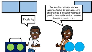 !Excelente¡
Por eso los deberes vienen
acompañados de castigos, para
enseñarnos a respetar y apreciar
que los demás tienen los mismos
derechos que tu o yo.
 
