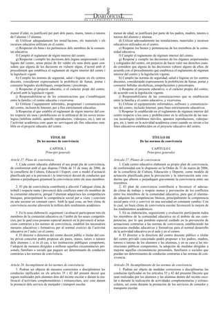 Num. 5738 / 09.04.2008                                                                                                                       55915


menor d’edat, es justificarà per part dels pares, mares, tutors o tutores    menor de edad, se justificará por parte de los padres, madres, tutores o
de l’alumne i l’alumna.                                                      tutoras del alumno y alumna.
     d) Utilitzar adequadament les instal·lacions, els materials i els           d) Utilizar adecuadamente las instalaciones, materiales y recursos
recursos educatius utilitzats en el centre.                                  educativos utilizados en el centro.
     e) Respectar els béns i les pertinences dels membres de la comuni-          e) Respetar los bienes y pertenencias de los miembros de la comu-
tat educativa.                                                               nidad educativa.
     f) Complir el reglament de règim interior del centre.                       f) Cumplir el reglamento de régimen interior del centro.
     g) Respectar i complir les decisions dels òrgans unipersonals i col-        g) Respetar y cumplir las decisiones de los órganos unipersonales
legiats del centre, sense perjuí de fer valdre els seus drets quan con-      y colegiados del centro, sin perjuicio de hacer valer sus derechos cuan-
sidere que alguna de les decisions en vulnere algun, d’acord amb el          do considere que alguna de las decisiones vulnere alguno de ellos, de
procediment que establisca el reglament de règim interior del centre i       acuerdo con el procedimiento que establezca el reglamento de régimen
la legislació vigent.                                                        interior del centro y la legislación vigente.
     h) Complir les normes de seguretat, salut i higiene en els centres          h) Cumplir las normas de seguridad, salud e higiene en los centros
docents, considerant expressament la prohibició de fumar, portar i           docentes, considerando expresamente la prohibición de fumar, portar y
consumir begudes alcohòliques, estupefaents i psicòtrops.                    consumir bebidas alcohólicas, estupefacientes y psicotropos.
     i) Respectar el projecte educatiu, o el caràcter propi del centre,          i) Respetar el proyecto educativo, o el carácter propio del centro,
d’acord amb la legislació vigent.                                            de acuerdo con la legislación vigente.
     j) Responsabilitzar-se de les comunicacions que s’establisquen              j) Responsabilizarse de las comunicaciones que se establezcan
entre la família i el centre educatiu i vicerversa.                          entre la familia y el centro educativo, y vicerversa.
     k) Utilitzar l’equipament informàtic, programari i comunicacions            k) Utilizar el equipamiento informático, software y comunicacio-
del centre, incloent-hi Internet, per a fins estrictament educatius.         nes del centro, incluido Internet, para fines estrictamente educativos.
     l) Respectar el que establix el reglament de règim interior del cen-        l) Respetar lo establecido en el reglamento de régimen interior del
tre respecte als usos i prohibicions en la utilització de les noves tecno-   centro respecto a los usos y prohibiciones en la utilización de las nue-
logies (telèfons mòbils, aparells reproductors, videojocs, etc.), tant en    vas tecnologías (teléfonos móviles, aparatos reproductores, videojue-
l’activitat acadèmica com quan no servisquen als fins educatius esta-        gos, etc.), tanto en la actividad académica como cuando no sirvan a los
blits en el projecte educatiu del centre.                                    fines educativos establecidos en el proyecto educativo del centro.


                             TÍTOL III                                                                   TÍTULO III
                    De les normes de convivència                                                 De las normas de convivencia

                              CAPÍTOL I                                                                  CAPÍTULO I
                           Principis generals                                                         Principios generales

Article 27. Plans de convivència                                             Artículo 27. Planes de convivencia
    1. Cada centre educatiu elaborarà el seu propi pla de convivència,            1. Cada centro educativo elaborará su propio plan de convivencia,
de conformitat amb el que disposa l’Orde de 31 de març de 2006, de           de conformidad con lo dispuesto en la Orden de 31 de marzo de 2006,
la conselleria de Cultura, Educació i Esport, com a model d’actuació         de la conselleria de Cultura, Educación y Deporte, como modelo de
planificada per a la prevenció i la intervenció davant de conductes que      actuación planificada para la prevención y la intervención ante con-
alteren o perjudiquen greument la convivència entre els seus membres.        ductas que alteren o perjudiquen gravemente la convivencia entre sus
                                                                             miembros.
    2. El pla de convivència contribuirà a afavorir l’adequat clima de            2. El plan de convivencia contribuirá a favorecer el adecua-
treball i respecte mutu i prevenció dels conflictes entre els membres de     do clima de trabajo y respeto mutuo y prevención de los conflictos
la comunitat educativa, perquè l’alumnat adquirisca les competències         entre los miembros de la comunidad educativa, para que el alumna-
bàsiques, principalment la competència social per a viure i conviure         do adquiera las competencias básicas, principalmente la competencia
en una societat en constant canvi. Amb la qual cosa, un bon clima de         social para vivir y convivir en una sociedad en constante cambio. Con
convivència escolar afavorirà la millora dels rendiments acadèmics.          lo cual, un buen clima de convivencia escolar favorecerá la mejora de
                                                                             los rendimientos académicos.
    3. En la seua elaboració, seguiment i avaluació participaran tots els         3. En su elaboración, seguimiento y evaluación participarán todos
membres de la comunitat educativa en l’àmbit de les seues competèn-          los miembros de la comunidad educativa en el ámbito de sus com-
cies, per la qual cosa posaran especial atenció en la prevenció d’actua-     petencias, por lo que pondrán especial cuidado en la prevención de
cions contràries a les normes de convivència, establint les necessàries      actuaciones contrarias a las normas de convivencia, estableciendo las
mesures educatives i formatives per al normal exercici de l’activitat        necesarias medidas educativas y formativas para el normal desarrollo
educativa en l’aula i en el centre.                                          de la actividad educativa en el aula y en el centro.
    4. El director o directora del centre docent públic o titular del cen-        4. El director o la directora del centro docente público o titular
tre privat concertat podrà proposar als pares, mares, tutors o tutores       del centro privado concertado podrá proponer a los padres, madres,
dels alumnes i, si és el cas, a les institucions públiques competents,       tutores o tutoras de los alumnos o las alumnas, y en su caso a las ins-
l’adopció de mesures dirigides a millorar aquelles circumstàncies per-       tituciones públicas competentes, la adopción de medidas dirigidas a
sonals, familiars o socials que puguen ser determinants de conductes         mejorar aquellas circunstancias personales, familiares o sociales que
contràries a les normes de convivència.                                      puedan ser determinantes de conductas contrarias a las normas de con-
                                                                             vivencia.

Article 28. Incompliment de les normes de convivència                        Artículo 28. Incumplimiento de las normas de convivencia
     1. Podran ser objecte de mesures correctores o disciplinàries les           1. Podrán ser objeto de medidas correctoras o disciplinarias las
conductes tipificades en els articles 35 i 42 del present decret que         conductas tipificadas en los artículos 35 y 42 del presente Decreto que
siguen realitzades pels alumnes dins del recinte escolar o durant la rea-    sean realizadas por los alumnos y las alumnas dentro del recinto esco-
lització d’activitats complementàries i extraescolars, així com durant       lar o durante la realización de actividades complementarias y extraes-
la prestació dels servicis de menjador i transport escolar.                  colares, así como durante la prestación de los servicios de comedor y
                                                                             transporte escolar.
 