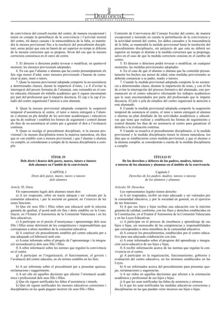 Num. 5738 / 09.04.2008                                                                                                                       55924


de convivència del consell escolar del centre, de manera excepcional i       Comisión de Convivencia del Consejo Escolar del centro, de manera
tenint en compte la pertorbació de la convivència i l’activitat normal       excepcional y teniendo en cuenta la perturbación de la convivencia y
del centre, els danys causats i la transcendència de la falta, es mantin-    la actividad normal del centro, los daños causados y la trascendencia
drà la mesura provisional fins a la resolució del procediment discipli-      de la falta, se mantendrá la medida provisional hasta la resolución del
nari, sense perjuí que esta no haurà de ser superior en temps ni diferent    procedimiento disciplinario, sin perjuicio de que esta no deberá ser
de la mesura correctora que es propose, llevat del cas que la mesura         superior en tiempo ni distinta a la medida correctora que se proponga,
correctora consistisca en el canvi de centre.                                salvo en el caso de que la medida correctora consista en el cambio de
                                                                             centro.
    5. El director o directora podrà revocar o modificar, en qualsevol            5. El director o directora podrá revocar o modificar, en cualquier
moment, les mesures provisionals adoptades.                                  momento, las medidas provisionales adoptadas.
    6. En cas que l’alumne o alumna que ha comés presumptament els                6. En el caso de que el alumno o alumna que ha cometido presun-
fets siga menor d’edat, estes mesures provisionals s’hauran de comu-         tamente los hechos sea menor de edad, estas medidas provisionales se
nicar al pare, mare o tutors.                                                deberán comunicar a su padre, madre o tutores.
    7. Quan la mesura provisional adoptada comporte la no-assistència             7. Cuando la medida provisional adoptada comporte la no asisten-
a determinades classes, durant la impartició d’estes, i a fi d’evitar la     cia a determinadas clases, durante la impartición de estas, y con el fin
interrupció del procés formatiu de l’alumnat, este romandrà en el cen-       de evitar la interrupción del proceso formativo del alumnado, este per-
tre educatiu efectuant els treballs acadèmics que li siguen encomanats       manecerá en el centro educativo efectuando los trabajos académicos
per part del professorat que li impartix docència. El cap o la cap d’es-     que le sean encomendados por parte del profesorado que le imparte
tudis del centre organitzarà l’atenció a este alumnat.                       docencia. El jefe o jefa de estudios del centro organizará la atención a
                                                                             este alumnado.
     8. Quan la mesura provisional adoptada comporte la suspensió                 8. Cuando la medida provisional adoptada comporte la suspensión
temporal d’assistència al centre, el tutor o tutora entregarà a l’alum-      temporal de asistencia al centro, el tutor o tutora entregará al alumno
ne o alumna un pla detallat de les activitats acadèmiques i educatives       o alumna un plan detallado de las actividades académicas y educati-
que ha de realitzar i establirà les formes de seguiment i control durant     vas que tiene que realizar y establecerá las formas de seguimiento y
els dies de no-assistència al centre per a garantir el dret a l’avaluació    control durante los días de no asistencia al centro para garantizar el
contínua.                                                                    derecho a la evaluación continua.
     9. Quan es resolga el procediment disciplinari, si la mesura pro-            9. Cuando se resuelva el procedimiento disciplinario, si la medida
visional i la mesura disciplinària tenen la mateixa naturalesa, els dies     provisional y la medida disciplinaria tienen la misma naturaleza, los
que es van establir com a mesura provisional, i que l’alumne o alumna        días que se establecieron como medida provisional, y que el alumno o
va complir, es consideraran a compte de la mesura disciplinària a com-       la alumna cumplió, se considerarán a cuenta de la medida disciplinaria
plir.                                                                        a cumplir.


                             TÍTOL IV                                                                   TÍTULO IV
       Dels drets i deures dels pares, mares, tutors o tutores                    De los derechos y deberes de los padres, madres, tutores
             dels alumnes en l’àmbit de la convivència                       o tutoras de los alumnos y alumnas en el ámbito de la convivencia

                              CAPÍTOL I                                                                  Capítulo I
                Drets dels pares, mares, tutors o tutores                              Derechos de los padres, madres, tutores o tutoras
                             dels alumnes                                                        de los alumnos y alumnas

Article 50. Drets                                                            Artículo 50. Derechos
     Els representants legals dels alumnes tenen dret:                            Los representantes legales tienen derecho:
     a) A ser respectats, rebre un tracte adequat i ser valorats per la           a) A ser respetados, recibir un trato adecuado y ser valorados por
comunitat educativa, i per la societat en general, en l’exercici de les      la comunidad educativa, y por la sociedad en general, en el ejercicio
seues funcions.                                                              de sus funciones.
     b) Que els seus fills i filles reben una educació amb la màxima              b) A que sus hijos e hijas reciban una educación con la máxima
garantia de qualitat, d’acord amb els fins i drets establits en la Cons-     garantía de calidad, conforme, con los fines y derechos establecidos en
titució, en l’Estatut d’Autonomia de la Comunitat Valenciana i en les        la Constitución, en el Estatut d’Autonomia de la Comunitat Valenciana
lleis educatives.                                                            y en las Leyes Educativas.
     c) A participar en el procés d’ensenyança i aprenentatge dels seus           c) A participar en el proceso de enseñanza y aprendizaje de sus
fills i filles sense detriment de les competències i responsabilitats que    hijos e hijas, sin menoscabo de las competencias y responsabilidades
corresponen a altres membres de la comunitat educativa.                      que corresponden a otros miembros de la comunidad educativa.
     d) A conéixer els procediments establits pel centre educatiu per a           d) A conocer los procedimientos, establecidos por el centro educa-
una adequada col·laboració amb este.                                         tivo para una adecuada colaboración con éste.
     e) A estar informats sobre el progrés de l’aprenentatge i la integra-        e) A estar informados sobre el progreso del aprendizaje e integra-
ció socioeducativa dels seus fills i filles.                                 ción socio-educativa de sus hijos e hijas.
     f) A rebre informació sobre les normes que regulen la convivència            f) A recibir información acerca de las normas que regulan la con-
en el centre.                                                                vivencia en el centro.
     g) A participar en l’organització, el funcionament, el govern i              g) A participar en la organización, funcionamiento, gobierno y
l’avaluació del centre educatiu, en els termes establits en les lleis.       evaluación del centro educativo, en los términos establecidos en las
                                                                             Leyes.
    h) A ser informats sobre el procediment per a presentar queixes,              h) A ser informados acerca del procedimiento para presentar que-
reclamacions i suggeriments.                                                 jas, reclamaciones y sugerencias.
    i) A ser oïts en aquelles decisions que afecten l’orientació acadè-           i) A ser oídos en aquellas decisiones que afecten a la orientación
mica i professional dels seus fills i filles.                                académica y profesional de sus hijos e hijas.
    j) Que els siguen notificades les faltes d’assistència i retards.             j) A que les sean notificadas las faltas de asistencia y retrasos.
    k) Que els siguen notificades les mesures educatives correctores i            k) A que les sean notificadas las medidas educativas correctoras y
disciplinàries en les quals puguen incórrer els seus fills i filles.         disciplinarias en las que puedan verse incursos sus hijos e hijas.
 