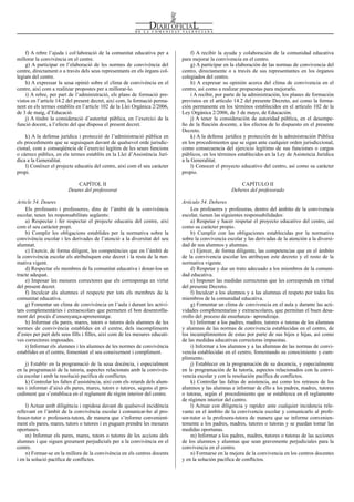 Num. 5738 / 09.04.2008                                                                                                                         55927


    f) A rebre l’ajuda i col·laboració de la comunitat educativa per a             f) A recibir la ayuda y colaboración de la comunidad educativa
millorar la convivència en el centre.                                         para mejorar la convivencia en el centro.
    g) A participar en l’elaboració de les normes de convivència del               g) A participar en la elaboración de las normas de convivencia del
centre, directament o a través dels seus representants en els òrgans col-     centro, directamente o a través de sus representantes en los órganos
legiats del centre.                                                           colegiados del centro.
    h) A expressar la seua opinió sobre el clima de convivència en el              h) A expresar su opinión acerca del clima de convivencia en el
centre, així com a realitzar propostes per a millorar-lo.                     centro, así como a realizar propuestas para mejorarlo.
    i) A rebre, per part de l’administració, els plans de formació pre-            i A recibir, por parte de la administración, los planes de formación
vistos en l’article 14.2 del present decret, així com, la formació perma-     previstos en el artículo 14.2 del presente Decreto, así como la forma-
nent en els termes establits en l’article 102 de la Llei Orgànica 2/2006,     ción permanente en los términos establecidos en el artículo 102 de la
de 3 de maig, d’Educació.                                                     Ley Orgánica 2/2006, de 3 de mayo, de Educación.
    j) A tindre la consideració d’autoritat pública, en l’exercici de la           j) A tener la consideración de autoridad pública, en el desempe-
funció docent, a l’efecte del que disposa el present decret.                  ño de la función docente, a los efectos de lo dispuesto en el presente
                                                                              Decreto.
    k) A la defensa jurídica i protecció de l’administració pública en             k) A la defensa jurídica y protección de la administración Pública
els procediments que se seguisquen davant de qualsevol orde jurisdic-         en los procedimientos que se sigan ante cualquier orden jurisdiccional,
cional, com a conseqüència de l’exercici legítim de les seues funcions        como consecuencia del ejercicio legítimo de sus funciones o cargos
o càrrecs públics, en els termes establits en la Llei d’Assistència Jurí-     públicos, en los términos establecidos en la Ley de Asistencia Jurídica
dica a la Generalitat.                                                        a la Generalitat.
    l) Conéixer el projecte educatiu del centre, així com el seu caràcter          l) Conocer el proyecto educativo del centro, así como su carácter
propi.                                                                        propio.

                             CAPÍTOL II                                                                  CAPÍTULO II
                         Deures del professorat                                                      Deberes del profesorado

Article 54. Deures                                                            Artículo 54. Deberes
     Els professors i professores, dins de l’àmbit de la convivència              Los profesores y profesoras, dentro del ámbito de la convivencia
escolar, tenen les responsabilitats següents:                                 escolar, tienen las siguientes responsabilidades:
     a) Respectar i fer respectar el projecte educatiu del centre, així           a) Respetar y hacer respetar el proyecto educativo del centro, así
com el seu caràcter propi.                                                    como su carácter propio.
     b) Complir les obligacions establides per la normativa sobre la              b) Cumplir con las obligaciones establecidas por la normativa
convivència escolar i les derivades de l’atenció a la diversitat del seu      sobre la convivencia escolar y las derivadas de la atención a la diversi-
alumnat.                                                                      dad de sus alumnos y alumnas.
     c) Exercir, de forma diligent, les competències que en l’àmbit de            c) Ejercer, de forma diligente, las competencias que en el ámbito
la convivència escolar els atribuïsquen este decret i la resta de la nor-     de la convivencia escolar les atribuyan este decreto y el resto de la
mativa vigent.                                                                normativa vigente.
     d) Respectar els membres de la comunitat educativa i donar-los un            d) Respetar y dar un trato adecuado a los miembros de la comuni-
tracte adequat.                                                               dad educativa.
     e) Imposar les mesures correctores que els corresponga en virtut             e) Imponer las medidas correctoras que les corresponda en virtud
del present decret.                                                           del presente Decreto.
     f) Inculcar als alumnes el respecte per tots els membres de la               f) Inculcar a los alumnos y a las alumnas el respeto por todos los
comunitat educativa.                                                          miembros de la comunidad educativa.
     g) Fomentar un clima de convivència en l’aula i durant les activi-           g) Fomentar un clima de convivencia en el aula y durante las acti-
tats complementàries i extraescolars que permeten el bon desenrotlla-         vidades complementarias y extraescolares, que permitan el buen desa-
ment del procés d’ensenyança-aprenentatge.                                    rrollo del proceso de enseñanza– aprendizaje.
     h) Informar els pares, mares, tutors o tutores dels alumnes de les           h) Informar a los padres, madres, tutores o tutoras de los alumnos
normes de convivència establides en el centre, dels incompliments             y alumnas de las normas de convivencia establecidas en el centro, de
d’estes per part dels seus fills i filles, així com de les mesures educati-   los incumplimientos de estas por parte de sus hijos e hijas, así como
ves correctores imposades.                                                    de las medidas educativas correctoras impuestas.
     i) Informar els alumnes i les alumnes de les normes de convivència           i) Informar a los alumnos y a las alumnas de las normas de convi-
establides en el centre, fomentant el seu coneixement i compliment.           vencia establecidas en el centro, fomentando su conocimiento y cum-
                                                                              plimiento.
    j) Establir en la programació de la seua docència, i especialment             j) Establecer en la programación de su docencia, y especialmente
en la programació de la tutoria, aspectes relacionats amb la convivèn-        en la programación de la tutoría, aspectos relacionados con la convi-
cia escolar i amb la resolució pacífica de conflictes.                        vencia escolar y con la resolución pacífica de conflictos.
    k) Controlar les faltes d’assistència, així com els retards dels alum-        k) Controlar las faltas de asistencia, así como los retrasos de los
nes i informar d’això els pares, mares, tutors o tutores, segons el pro-      alumnos y las alumnas e informar de ello a los padres, madres, tutores
cediment que s’establisca en el reglament de règim interior del centre.       o tutoras, según el procedimiento que se establezca en el reglamento
                                                                              de régimen interior del centro.
     l) Actuar amb diligència i rapidesa davant de qualsevol incidència           l) Actuar con diligencia y rapidez ante cualquier incidencia rele-
rellevant en l’àmbit de la convivència escolar i comunicar-ho al pro-         vante en el ámbito de la convivencia escolar y comunicarlo al profe-
fessor-tutor o professora-tutora, de manera que s’informe convenient-         sor-tutor o la profesora-tutora de manera que se informe convenien-
ment els pares, mares, tutors o tutores i es puguen prendre les mesures       temente a los padres, madres, tutores o tutoras y se puedan tomar las
oportunes.                                                                    medidas oportunas.
     m) Informar els pares, mares, tutors o tutores de les accions dels           m) Informar a los padres, madres, tutores o tutoras de las acciones
alumnes i que siguen greument perjudicials per a la convivència en el         de los alumnos y alumnas que sean gravemente perjudiciales para la
centre.                                                                       convivencia en el centro.
     n) Formar-se en la millora de la convivència en els centres docents          n) Formarse en la mejora de la convivencia en los centros docentes
i en la solució pacífica de conflictes.                                       y en la solución pacífica de conflictos.
 