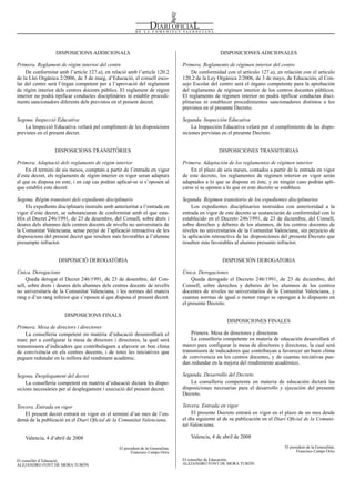 Num. 5738 / 09.04.2008                                                                                                                                 55929


                  DISPOSICIONS ADDICIONALS                                                          DISPOSICIONES ADICIONALES

Primera. Reglament de règim interior del centre                                    Primera. Reglamento de régimen interior del centro
    De conformitat amb l’article 127.a), en relació amb l’article 120.2                De conformidad con el artículo 127.a), en relación con el artículo
de la Llei Orgànica 2/2006, de 3 de maig, d’Educació, el consell esco-             120.2 de la Ley Orgánica 2/2006, de 3 de mayo, de Educación, el Con-
lar del centre serà l’òrgan competent per a l’aprovació del reglament              sejo Escolar del centro será el órgano competente para la aprobación
de règim interior dels centres docents públics. El reglament de règim              del reglamento de régimen interior de los centros docentes públicos.
interior no podrà tipificar conductes disciplinàries ni establir procedi-          El reglamento de régimen interior no podrá tipificar conductas disci-
ments sancionadors diferents dels previstos en el present decret.                  plinarias ni establecer procedimientos sancionadores distintos a los
                                                                                   previstos en el presente Decreto.

Segona. Inspecció Educativa                                                        Segunda. Inspección Educativa
    La Inspecció Educativa vetlarà pel compliment de les disposicions                  La Inspección Educativa velará por el cumplimiento de las dispo-
previstes en el present decret.                                                    siciones previstas en el presente Decreto.


                  DISPOSICIONS TRANSITÒRIES                                                        DISPOSICIONES TRANSITORIAS

Primera. Adaptació dels reglaments de règim interior                               Primera. Adaptación de los reglamentos de régimen interior
    En el termini de sis mesos, comptats a partir de l’entrada en vigor                En el plazo de seis meses, contados a partir de la entrada en vigor
d’este decret, els reglaments de règim interior en vigor seran adaptats            de este decreto, los reglamentos de régimen interior en vigor serán
al que es disposa en este, i en cap cas podran aplicar-se si s’oposen al           adaptados a lo que se dispone en éste, y en ningún caso podrán apli-
que establix este decret.                                                          carse si se oponen a lo que en este decreto se establece.

Segona. Règim transitori dels expedients disciplinaris                             Segunda. Régimen transitorio de los expedientes disciplinarios
    Els expedients disciplinaris instruïts amb anterioritat a l’entrada en             Los expedientes disciplinarios instruidos con anterioridad a la
vigor d’este decret, se substanciaran de conformitat amb el que esta-              entrada en vigor de este decreto se sustanciarán de conformidad con lo
blix el Decret 246/1991, de 23 de desembre, del Consell, sobre drets i             establecido en el Decreto 246/1991, de 23 de diciembre, del Consell,
deures dels alumnes dels centres docents de nivells no universitaris de            sobre derechos y deberes de los alumnos, de los centros docentes de
la Comunitat Valenciana, sense perjuí de l’aplicació retroactiva de les            niveles no universitarios de la Comunitat Valenciana, sin perjuicio de
disposicions del present decret que resulten més favorables a l’alumne             la aplicación retroactiva de las disposiciones del presente Decreto que
presumpte infractor.                                                               resulten más favorables al alumno presunto infractor.


                    DISPOSICIÓ DEROGATÒRIA                                                           DISPOSICIÓN DEROGATORIA

Única. Derogacions                                                                 Única. Derogaciones
     Queda derogat el Decret 246/1991, de 23 de desembre, del Con-                     Queda derogado el Decreto 246/1991, de 23 de diciembre, del
sell, sobre drets i deures dels alumnes dels centres docents de nivells            Consell, sobre derechos y deberes de los alumnos de los centros
no universitaris de la Comunitat Valenciana, i les normes del mateix               docentes de niveles no universitarios de la Comunitat Valenciana, y
rang o d’un rang inferior que s’oposen al que disposa el present decret.           cuantas normas de igual o menor rango se opongan a lo dispuesto en
                                                                                   el presente Decreto.

                       DISPOSICIONS FINALS
                                                                                                       DISPOSICIONES FINALES
Primera. Mesa de directors i directores
    La conselleria competent en matèria d’educació desenrotllarà el                    Primera. Mesa de directores y directoras
marc per a configurar la mesa de directors i directores, la qual serà                  La conselleria competente en materia de educación desarrollará el
transmissora d’indicadors que contribuïsquen a afavorir un bon clima               marco para configurar la mesa de directores y directoras, la cual será
de convivència en els centres docents, i de totes les iniciatives que              transmisora de indicadores que contribuyan a favorecer un buen clima
puguen redundar en la millora del rendiment acadèmic.                              de convivencia en los centros docentes, y de cuantas iniciativas pue-
                                                                                   dan redundar en la mejora del rendimiento académico.

Segona. Desplegament del decret                                                    Segunda. Desarrollo del Decreto
    La conselleria competent en matèria d’educació dictarà les dispo-                  La conselleria competente en materia de educación dictará las
sicions necessàries per al desplegament i execució del present decret.             disposiciones necesarias para el desarrollo y ejecución del presente
                                                                                   Decreto.

Tercera. Entrada en vigor                                                          Tercera. Entrada en vigor
    El present decret entrarà en vigor en el termini d’un mes de l’en-                  El presente Decreto entrará en vigor en el plazo de un mes desde
demà de la publicació en el Diari Oficial de la Comunitat Valenciana.              el día siguiente al de su publicación en el Diari Oficial de la Comuni-
                                                                                   tat Valenciana.

    Valencia, 4 d’abril de 2008                                                       Valencia, 4 de abril de 2008

                                                 El president de la Generalitat,                                                  El president de la Generalitat,
                                                        Francisco Camps Ortiz                                                            Francisco Camps Ortiz

El conseller d’Educació,                                                           El conseller de Educación,
ALEJANDRO FONT DE MORA TURÓN                                                       ALEJANDRO FONT DE MORA TURÓN
 