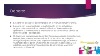 Deberes
 8. Acatar las decisiones contempladas en el Manual de Convivencia.
 9. Asumir con responsabilidad su participación en las actividades
programadas como salidas, pasantías técnicas, intercambios de
aprendices a nivel nacional e internacional, así como en las demás de
carácter lúdico - pedagógico.
 10. Hacer uso apropiado de los ambientes de aprendizaje (infraestructura,
equipos, herramientas, recursos didácticos, técnicos, tecnológicos,
bibliográficos) disponibles para su proceso de aprendizaje, asumiendo
responsabilidad legal en situaciones de utilización inadecuada y uso
indebido, que deterioran los ambientes de aprendizaje y generan
detrimento patrimonial.
 