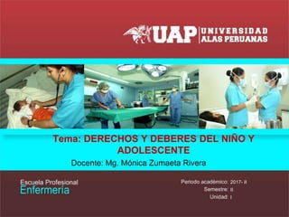 Tema: DERECHOS Y DEBERES DEL NIÑO Y
ADOLESCENTE
Docente: Mg. Mónica Zumaeta Rivera
2017- II
II
I
 