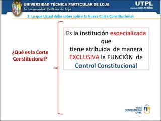 3. Lo que Usted debe saber sobre la Nueva Corte Constitucional.



                            Es la institución especializada
                                           que
¿Qué es la Corte
                             tiene atribuída de manera
Constitucional?              EXCLUSIVA la FUNCIÓN de
                                Control Constitucional
 