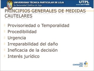    Provisoriedad o Temporalidad
   Procedibilidad
   Urgencia
   Irreparabilidad del daño
   Ineficacia de la decisión
   Interés jurídico
 