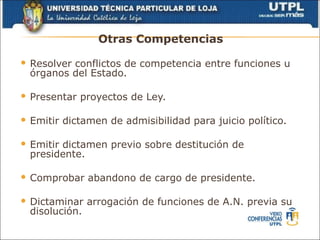 Otras Competencias

   Resolver conflictos de competencia entre funciones u
    órganos del Estado.

   Presentar proyectos de Ley.

   Emitir dictamen de admisibilidad para juicio político.

   Emitir dictamen previo sobre destitución de
    presidente.

   Comprobar abandono de cargo de presidente.

   Dictaminar arrogación de funciones de A.N. previa su
    disolución.
 