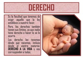 DERECHO
Es la facultad que tenemos de
exigir aquello que la ley
establece a nuestro favor.
Pero, los derechos también
tienen sus límites, ya que nadie
tiene derecho a hacer lo se le
ocurra.
Los derecho los tenemos
desde que nacemos, incluso
desde el vientre materno:
DERECHO A LA VIDA y nos
corresponden a todos.

 