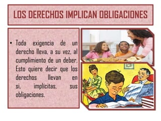 LOS DERECHOS IMPLICAN OBLIGACIONES
• Toda exigencia de un
derecho lleva, a su vez, al
cumplimiento de un deber.
Esto quiere decir que los
derechos
llevan
en
si,
implícitas,
sus
obligaciones.

 