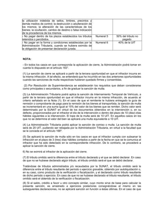 la utilización indebida de sellos, timbres, precintos y
demás medios de control; la destrucción o adulteración de
los mismos; la alteración de las características de los
bienes; la ocultación, cambio de destino o falsa indicación
de la procedencia de los mismos.
- No pagar dentro de los plazos establecidos los tributos
retenidos o percibidos.
Numeral 5 50% del tributo no
pagado
- No pagar en la forma y condiciones establecidas por la
Administración Tributaria, cuando se hubiera eximido de
la obligación de presentar declaración jurada.
Numeral 6 40% de la UIT
NOTA:
- En todos los casos en que corresponda la aplicación de cierre, la Administración podrá tomar en
cuenta lo dispuesto en el artículo 183°.
(1) La sanción de cierre se aplicará a partir de la tercera oportunidad en que el infractor incurra en
la misma infracción. A tal efecto, se entenderá que ha incurrido en las dos anteriores oportunidades
cuando las sanciones de multa respectivas hubieran quedado firmes y consentidas.
(2) Por Resolución de Superintendencia se establecerán los requisitos que deban considerarse
como principales o secundarios, a fin de graduar la sanción de multa.
(3) La Administración Tributaria podrá aplica la sanción de Internamiento Temporal de Vehículo, a
partir de la tercera oportunidad en que el infractor incurra en la misma infracción, de acuerdo al
criterio señalado en la Nota (1). En el caso de que el remitente le hubiera entregado la guía de
remisión o comprobante de pago para la remisión de los bienes al transportista, la sanción de multa
se incrementará en una suma igual al 15% del valor de los bienes que se remiten. Dicho valor será
determinado por la SUNAT en virtud de los documentos obtenidos en la intervención o, en su
defecto, proporcionados por el infractor el día de la intervención o dentro del plazo de 10 (diez) días
hábiles siguientes a la intervención. El tope de la multa será de 10 UIT. En aquellos casos en los
que no se determine el valor del bien se aplicará una multa equivalente a 10 UIT.
(4) La Administración Tributaria podrá aplicar la sanción de comiso o multa. La sanción de multa
será de 20 UIT, pudiendo ser rebajada por la Administración Tributaria, en virtud a la facultad que
se le concede en el artículo 166º.
(5) Se aplicará la sanción de multa sólo en los casos en que el infractor cumpla con subsanar la
infracción en el plazo de 3 (tres) días hábiles contados a partir de la fecha en que se le comunica al
infractor que ha sido detectado en la correspondiente infracción. De lo contrario, se procederá a
aplicar la sanción de cierre.
6) No se eximirá al infractor de la aplicación del cierre.
(7) El tributo omitido será la diferencia entre el tributo declarado y el que se debió declarar. En caso
de que no se hubiese declarado algún tributo, el tributo omitido será el que se debió declarar.
Tratándose de tributos administrados y/o recaudados por la SUNAT, el tributo omitido será la
diferencia entre el tributo resultante del período o ejercicio gravable, obtenido por autoliquidación o,
en su caso, como producto de la verificación o fiscalización, y el declarado como tributo resultante
de dicho período o ejercicio. En caso de que no se hubiese declarado el tributo resultante, el tributo
omitido será el obtenido de la verificación o fiscalización.
(8) Si el saldo, crédito a favor u otro concepto similar, cuyo monto sirve de base para calcular la
presente sanción, es arrastrado a ejercicios posteriores consignándose el mismo en las
subsiguientes declaraciones, no se aplicará sanción en función a éstas últimas. En el caso de que
 