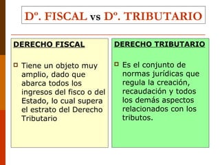 Dº. FISCAL vs Dº. TRIBUTARIO
DERECHO FISCAL
 Tiene un objeto muy
amplio, dado que
abarca todos los
ingresos del fisco o del
Estado, lo cual supera
el estrato del Derecho
Tributario
DERECHO TRIBUTARIO
 Es el conjunto de
normas jurídicas que
regula la creación,
recaudación y todos
los demás aspectos
relacionados con los
tributos.
 