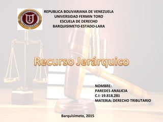 REPUBLICA BOLIVARIANA DE VENEZUELA
UNIVERSIDAD FERMIN TORO
ESCUELA DE DERECHO
BARQUISIMETO-ESTADO-LARA
NOMBRE:
PAREDES ANALICIA
C.I: 19.818.281
MATERIA: DERECHO TRIBUTARIO
Barquisimeto, 2015
 