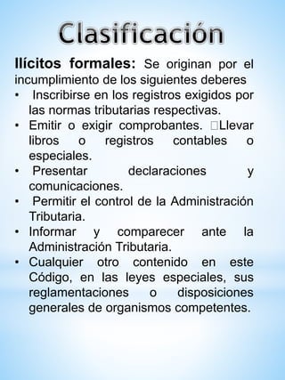 Ilícitos formales: Se originan por el
incumplimiento de los siguientes deberes
• Inscribirse en los registros exigidos por
las normas tributarias respectivas.
• Emitir o exigir comprobantes. Llevar
libros o registros contables o
especiales.
• Presentar declaraciones y
comunicaciones.
• Permitir el control de la Administración
Tributaria.
• Informar y comparecer ante la
Administración Tributaria.
• Cualquier otro contenido en este
Código, en las leyes especiales, sus
reglamentaciones o disposiciones
generales de organismos competentes.
 