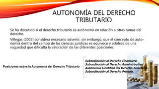 AUTONOMÍA DEL DERECHO
TRIBUTARIO
Se ha discutido si el derecho tributario es autónomo en relación a otras ramas del
derecho.
Villegas (2002) considera necesario advertir, sin embargo, que el concepto de auto-
nomía dentro del campo de las ciencias jurídicas es equívoco y adolece de una
vaguedad que dificulta la valoración de las diferentes posiciones.
Subordinación al Derecho Financiero.
Subordinación al Derecho Administrativo
Autonomía Científica del Derecho Tributario
Subordinación al Derecho Privado.
Posiciones sobre la Autonomía del Derecho Tributario
 