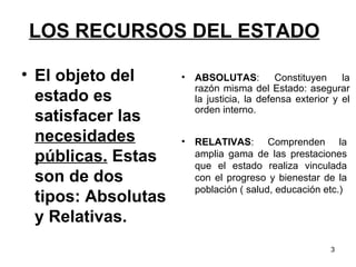 LOS RECURSOS DEL ESTADO   El objeto del estado es  satisfacer las  necesidades públicas.  Estas son de dos tipos: Absolutas y Relativas. RELATIVAS : Comprenden la amplia gama de las prestaciones que el estado realiza vinculada con el progreso y bienestar de la población ( salud, educación etc.)   ABSOLUTAS : Constituyen la razón misma del Estado: asegurar la justicia, la defensa exterior y el orden interno.   