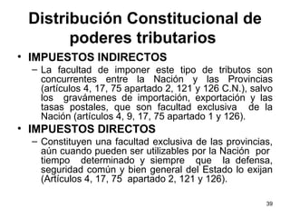 Distribución Constitucional de poderes tributarios   IMPUESTOS INDIRECTOS La facultad de imponer este tipo de tributos son concurrentes entre la Nación y las Provincias (artículos 4, 17, 75 apartado 2, 121 y 126 C.N.), salvo los  gravámenes de importación, exportación y las tasas postales, que son facultad exclusiva  de la Nación (artículos 4, 9, 17, 75 apartado 1 y 126). IMPUESTOS DIRECTOS Constituyen una facultad exclusiva de las provincias, aún cuando pueden ser utilizables por la Nación  por  tiempo  determinado y siempre  que  la defensa, seguridad común y bien general del Estado lo exijan  (Artículos 4, 17, 75  apartado 2, 121 y 126). 