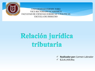UNIVERSIDAD FERMIN TORO
VICE RECTORADO ACADEMICO
FACULTAD DE CIENCIAS JURIDICAS Y POLITICAS
ESCUELA DE DERECHO
 Realizador por: Carmen Labrador
 C.i.26.768.864
 