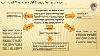 La Actividad Financiera del Estado es la función
que éste desarrolla para procurarse los recursos
necesarios y estar en condiciones de sufragar los
gastos públicos, destinados a satisfacer las
necesidades colectivas a su cargo, mediante la
prestación de los servicios públicos
correspondientes, se referiré a la recaudación de
ingresos (públicos), la intervención de la actividad
económica y al gasto publico efectuado para
compensar las necesidades colectivas
Actividad Financiera del Estado Venezolano…..
FASE I
El fin de la Actividad Financiera es percibir ingresos y realizar
gastos para la satisfacción de necesidades colectivas; en este
sentido, las necesidades del Estado son las de defensa
exterior y seguridad interior entre sus habitantes y mantener el
orden jurídico interno de la Nación.
Dirigido a
Parte de la configuración de
fines socio, políticos,
económicos, como objetivo
perseguido
La satisfacción de las
necesidades publicas
absolutas y relativas de la
sociedad
Procurando
Las condiciones económicas publicas,
sociales y políticas donde se ejerza la
administración financiera del Estado
fin
Dentro de
Gasto Público, el punto de
partida es la estimación de los
recursos que se requerirán para
satisfacer un conjunto determinado de
necesidades en la colectividad
maximizar las erogaciones para poder
satisfacer las necesidades públicas
(gasto público): En esta fase, se
procede a efectuar las erogaciones, o
sea, se realiza el reparto de los
ingresos recaudados para que se
puedan cubrir las necesidades
públicas de mayor prioridad(gasto
público). Es decir, se asignan las
partidas para cada necesidad.
Ingreso Publico: una vez
cuantificado el nivel de gasto
requerido, el Estado decide las fuentes
de ingreso público que le permitirán
financiarlo adecuadamente. Luego de
recaudar los ingresos planificados, se
procede a utilizarlos en la satisfacción
de las necesidades seleccionadas en
la ejecución del respectivo gasto
público.
 