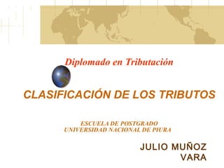 Diplomado en Tributación

CLASIFICACIÓN DE LOS TRIBUTOS
ESCUELA DE POSTGRADO
UNIVERSIDAD NACIONAL DE PIURA

JULIO MUÑOZ
VARA

 