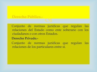 Derecho Público.-
                    
Conjunto de normas jurídicas que regulan las
relaciones del Estado como ente soberano con los
ciudadanos o con otros Estados.
Derecho Privado.-
Conjunto de normas jurídicas que regulan las
relaciones de los particulares entre sí.
 