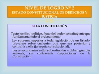 NIVEL DE LOGRO Nº 2
ESTADO CONSTITUCIONAL DE DERECHOS Y
              JUSTICIA
                         
                LA CONSTITUCIÓN

Texto jurídico-político, fruto del poder constituyente que
 fundamenta todo el ordenamiento.
Ley suprema superior a toda legislación de un Estado,
 prevalece sobre cualquier otra que sea posterior y
 contraria a ella (jerarquía constitucional).
 Leyes secundarias están subordinadas y deben guardar
 armonía, sin contravenir disposiciones de la
 Constitución.
 