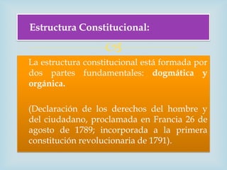 Estructura Constitucional:

                   
La estructura constitucional está formada por
dos partes fundamentales: dogmática y
orgánica.

(Declaración de los derechos del hombre y
del ciudadano, proclamada en Francia 26 de
agosto de 1789; incorporada a la primera
constitución revolucionaria de 1791).
 