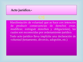 Acto jurídico.-

                      
Manifestación de voluntad que se hace con intención
de producir consecuencias de derecho( crear,
modificar, extinguir derechos y obligaciones), las
cuales son reconocidas por ordenamiento jurídico.
Todo acto jurídico lleva implícita una declaración de
voluntad (testamento, divorcio, adopción, etc.)
 