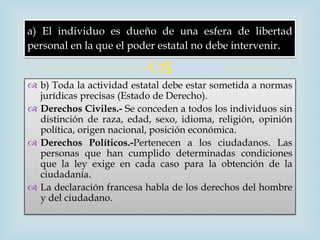a) El individuo es dueño de una esfera de libertad
personal en la que el poder estatal no debe intervenir.

                          
 b) Toda la actividad estatal debe estar sometida a normas
  jurídicas precisas (Estado de Derecho).
 Derechos Civiles.- Se conceden a todos los individuos sin
  distinción de raza, edad, sexo, idioma, religión, opinión
  política, origen nacional, posición económica.
 Derechos Políticos.-Pertenecen a los ciudadanos. Las
  personas que han cumplido determinadas condiciones
  que la ley exige en cada caso para la obtención de la
  ciudadanía.
 La declaración francesa habla de los derechos del hombre
  y del ciudadano.
 