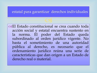 estatal para garantizar derechos individuales

                     
El Estado constitucional se crea cuando toda
 acción social y estatal encuentra sustento en
 la norma. El poder del Estado queda
 subordinado al orden jurídico vigente. No
 basta el sometimiento de una autoridad
 pública al derecho, es necesario que el
 ordenamiento jurídico reúna una serie de
 características que dan origen a un Estado de
 derecho real o material.
 