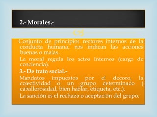 2.- Morales.-
                    
Conjunto de principios rectores internos de la
conducta humana, nos indican las acciones
buenas o malas.
La moral regula los actos internos (cargo de
conciencia).
3.- De trato social.-
Mandatos impuestos por el decoro, la
colectividad o un grupo determinado (
caballerosidad, bien hablar, etiqueta, etc.).
La sanción es el rechazo o aceptación del grupo.
 