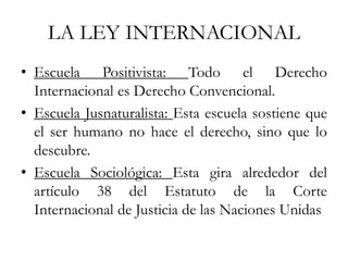 LA LEY INTERNACIONAL
• Escuela Positivista: Todo el Derecho
Internacional es Derecho Convencional.
• Escuela Jusnaturalista: Esta escuela sostiene que
el ser humano no hace el derecho, sino que lo
descubre.
• Escuela Sociológica: Esta gira alrededor del
artículo 38 del Estatuto de la Corte
Internacional de Justicia de las Naciones Unidas
 
