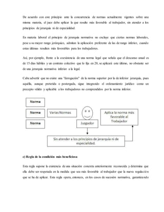De acuerdo con este principio ante la concurrencia de normas actualmente vigentes sobre una
misma materia, el juez debe aplicar la que resulte más favorable al trabajador, sin atender a los
principios de jerarquía ni de especialidad.
En materia laboral el principio de jerarquía normativa no excluye que ciertas normas laborales,
pese a su mayor rango jerárquico, admitan la aplicación preferente de las de rango inferior, cuando
estas últimas resulten más favorables para los trabajadores.
Así, por ejemplo, frente a la coexistencia de una norma legal que señala que el descanso anual es
de 15 días hábiles y un contrato colectivo que lo fija en 20, se aplicará este último, no obstante ser
de una jerarquía normativa inferior a la legal.
Cabe advertir que no existe una "derogación" de la norma superior por la de inferior jerarquía, pues
aquélla, aunque preterida o postergada, sigue integrando el ordenamiento jurídico como un
precepto válido y aplicable a los trabajadores no comprendidos por la norma inferior.
c) Regla de la condición más beneficiosa
Esta regla supone la existencia de una situación concreta anteriormente reconocida y determina que
ella debe ser respetada en la medida que sea más favorable al trabajador que la nueva regulación
que se ha de aplicar. Esta regla opera, entonces, en los casos de sucesión normativa, garantizando
 