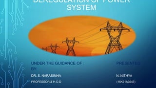 DEREGULATION OF POWER
SYSTEM
UNDER THE GUIDANCE OF : PRESENTED
BY:
DR. S. NARASIMHA N. NITHYA
PROFESSOR & H.O.D (15K91A0247)
 