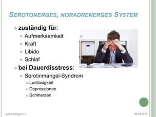 SEROTONERGES, NORADRENERGES SYSTEM
        zuständig           für:
              Aufmerksamkeit
              Kraft
              Libido
              Schlaf
        bei          Dauerdisstress:
                Serotinmangel-Syndrom
                   Lustlosigkeit
                   Depressionen

                   Schmerzen




Julia Lindinger V c                      06.04.2013
 