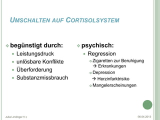 UMSCHALTEN AUF CORTISOLSYSTEM


 begünstigt          durch:    psychisch:
      Leistungsdruck               Regression
      unlösbare Konflikte            Zigaretten zur Beruhigung
                                        Erkrankungen
      Überforderung
                                      Depression

      Substanzmissbrauch              Herzinfarktrisiko
                                      Mangelerscheinungen




Julia Lindinger V c                                         06.04.2013
 