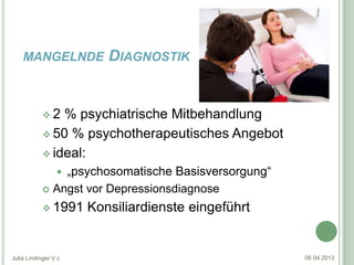 MANGELNDE            DIAGNOSTIK


            2  % psychiatrische Mitbehandlung
             50 % psychotherapeutisches Angebot

             ideal:
                „psychosomatische Basisversorgung“
                 
             Angst vor Depressionsdiagnose

             1991    Konsiliardienste eingeführt


Julia Lindinger V c                                  06.04.2013
 