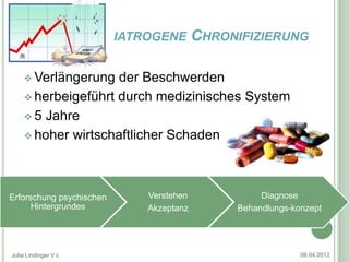 IATROGENE       CHRONIFIZIERUNG

     Verlängerung  der Beschwerden
     herbeigeführt durch medizinisches System

     5 Jahre

     hoher wirtschaftlicher Schaden




Erforschung psychischen       Verstehen             Diagnose
      Hintergrundes           Akzeptanz        Behandlungs-konzept




Julia Lindinger V c                                          06.04.2013
 