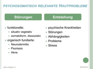 PSYCHOSOMATISCH RELEVANTE                   HAUTPROBLEME

                Störungen               Entstehung

     funktionelle:                 psychische Krankheiten
        situativ vegetativ         Störungen
        somatoform, dissoziativ    Abhängigkeiten
     organisch fundierte:          Probleme
        Neurodermitis              Stress
        Psoriasis
        Akne




Julia Lindinger V c                                       06.04.2013
 