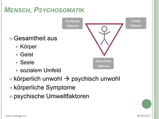 MENSCH, PSYCHOSOMATIK


    Gesamtheit       aus
         Körper
         Geist
         Seele
         sozialem Umfeld
    körperlichunwohl  psychisch unwohl
    körperliche Symptome

    psychische Umweltfaktoren



Julia Lindinger V c                        06.04.2013
 