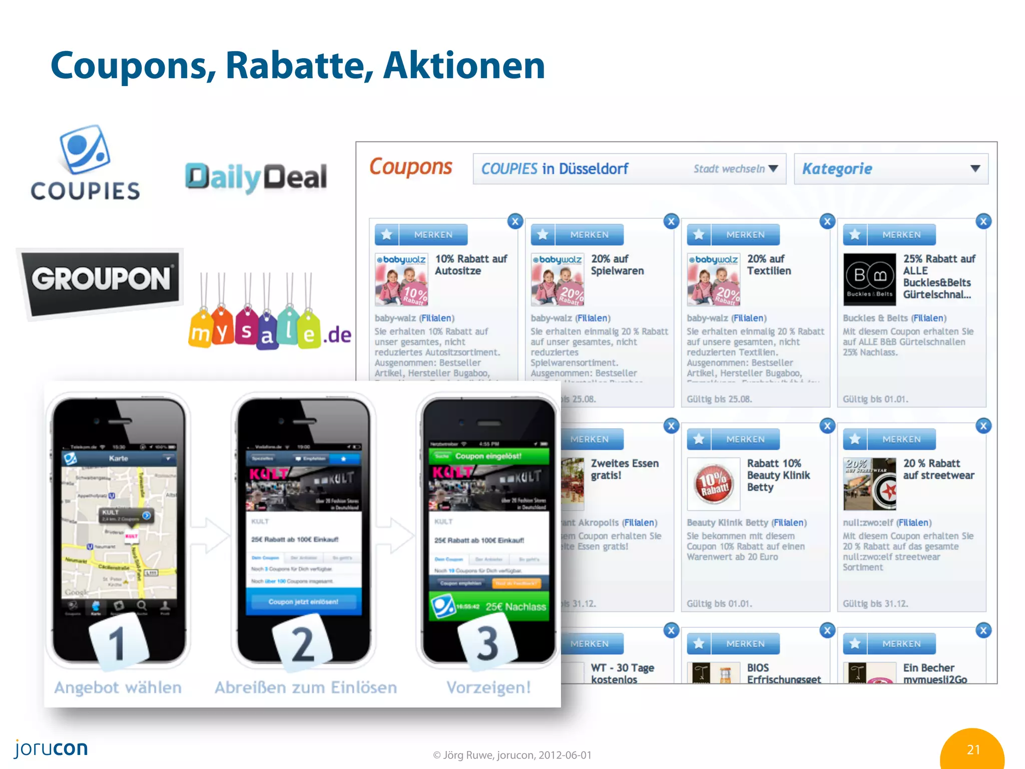 Coupons, Rabatte, Aktionen




                    © Jörg Ruwe, jorucon, 2012-06-01   21
 