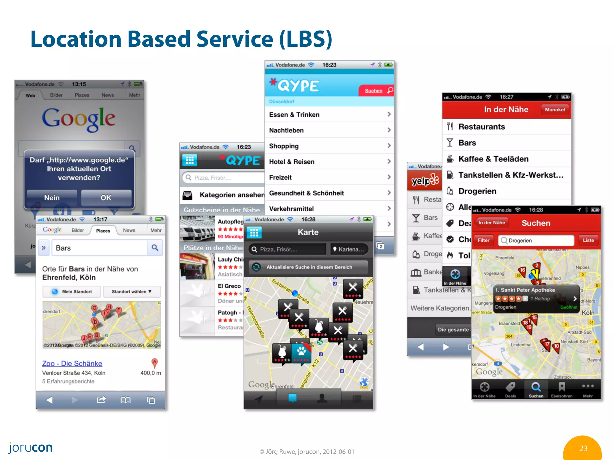 Location Based Service (LBS)




                     © Jörg Ruwe, jorucon, 2012-06-01   23
 