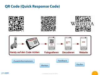 QR Code (Quick Response Code)




    Zusatzinformationen                                      Feedback

                          Merken                                        Kaufen


                          © Jörg Ruwe, jorucon, 2012-06-01                       19
 