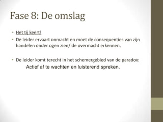 Fase 8: De omslag
• Het tij keert!
• De leider ervaart onmacht en moet de consequenties van zijn
  handelen onder ogen zien/ de overmacht erkennen.

• De leider komt terecht in het schemergebied van de paradox:
       Actief af te wachten en luisterend spreken.
 