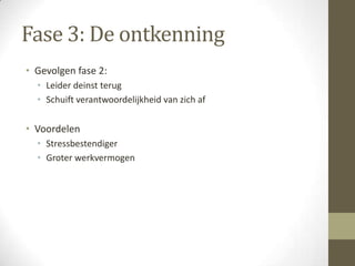 Fase 3: De ontkenning
• Gevolgen fase 2:
  • Leider deinst terug
  • Schuift verantwoordelijkheid van zich af

• Voordelen
  • Stressbestendiger
  • Groter werkvermogen
 