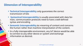 35
IoT Prospects and Challenges
Dimension of Interoperability
• Technical Interoperability only guarantees the correct
transmission of bits
• Syntactical Interoperability is usually associated with data for-
mats. communication protocols need to have a well-defined
syntax and encoding
• Semantic Interoperability is :-meaning of content and concerns
the human rather than machine interpretation of the content.
• In a fully interoperable environment, any IoT device would be able
to connect to any other device or system and exchange
information as desired.
 