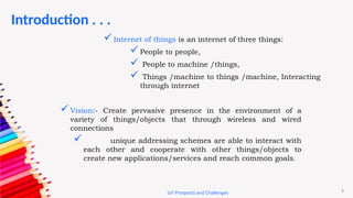5
Introduction . . .
Internet of things is an internet of three things:
People to people,
 People to machine /things,
 Things /machine to things /machine, Interacting
through internet
Vision:- Create pervasive presence in the environment of a
variety of things/objects that through wireless and wired
connections
 unique addressing schemes are able to interact with
each other and cooperate with other things/objects to
create new applications/services and reach common goals.
IoT Prospects and Challenges
 
