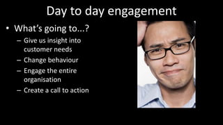 Day to day engagement
• What’s going to...?
– Give us insight into
customer needs
– Change behaviour
– Engage the entire
organisation
– Create a call to action
 