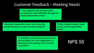 Customer Feedback – Meeting Needs
“I was delighted with the information
provided and would definitely visit again if I
needed information or help.”
“Absolutely impeccable service, can't praise him
enough! He deserves a pay rise and promotion!!”
“Polite, helpful and quick repair
service- even though holiday
period”
“I would like to praise the sales person from
my local branch he is very helpful and I’m
impressed by his amazing service towards
my problem.”
NPS 55
 