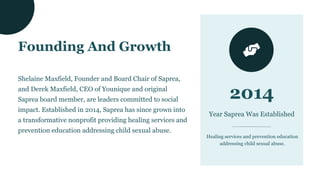Founding And Growth
Shelaine Maxfield, Founder and Board Chair of Saprea,
and Derek Maxfield, CEO of Younique and original
Saprea board member, are leaders committed to social
impact. Established in 2014, Saprea has since grown into
a transformative nonprofit providing healing services and
prevention education addressing child sexual abuse.
2014
Year Saprea Was Established
Healing services and prevention education
addressing child sexual abuse.
 