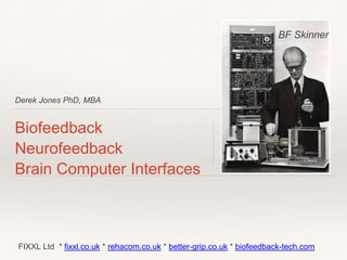 Derek Jones PhD, MBA
Biofeedback
Neurofeedback
Brain Computer Interfaces
FIXXL Ltd * fixxl.co.uk * rehacom.co.uk * better-grip.co.uk * biofeedback-tech.com
BF Skinner
 